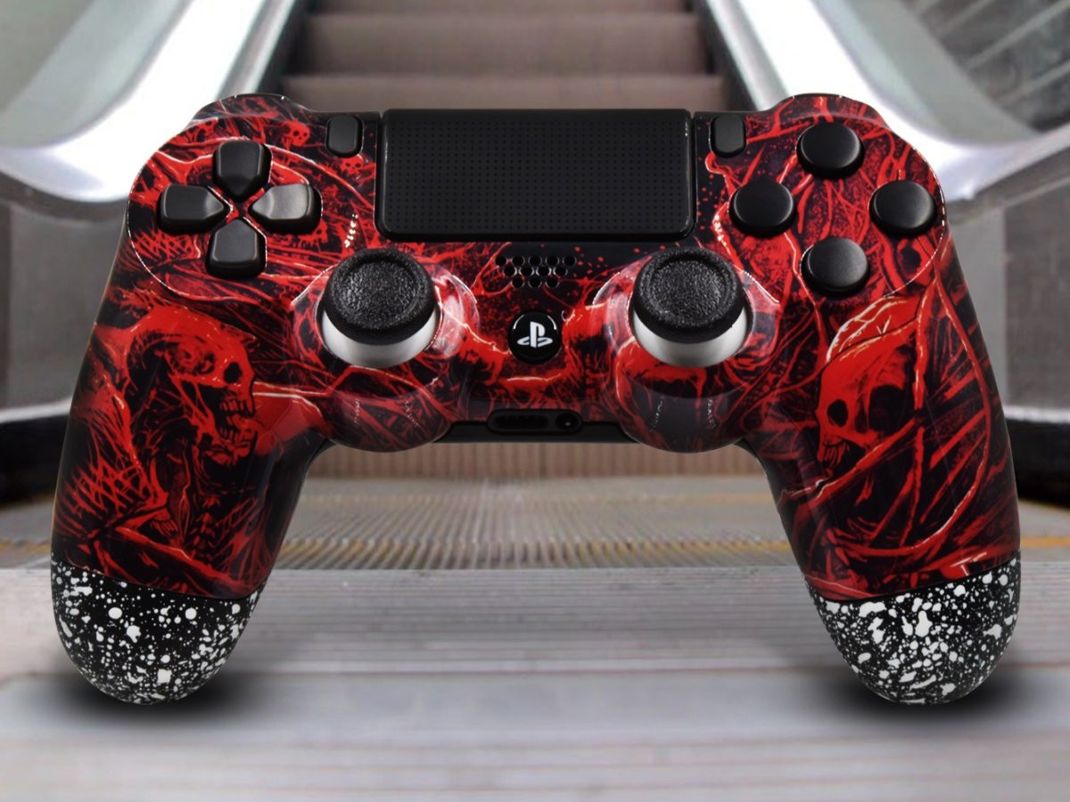 PS4 Custom Controller - Red Skulls With Black & White Accents